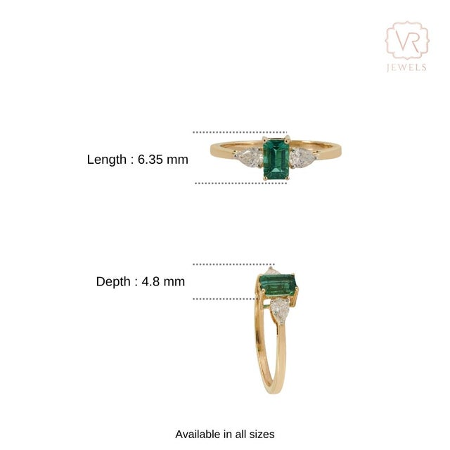 VRJewels 14k Gold Three-Stone Natural Emerald Pear Diamond Ring Size 9 For Sale - Image 12 of 18