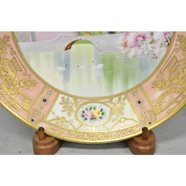Early 20th Century Antique Nippon Hand Painted Porcelain Gold Gilt Swan & Lake Scene Cabinet Plate For Sale - Image 5 of 15