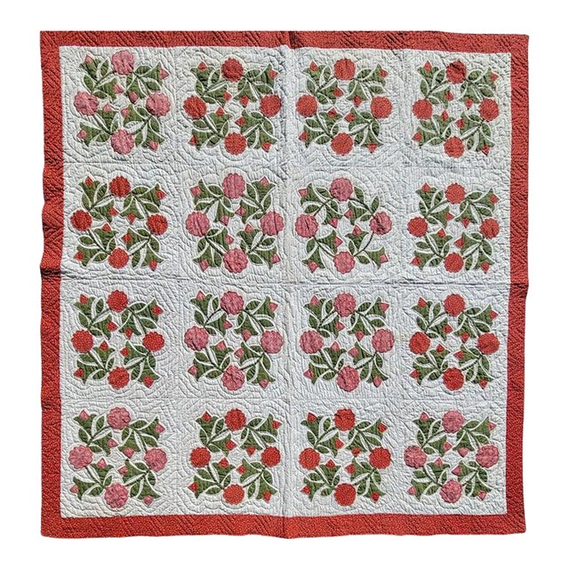 19Thc Applique of Wreath of Roses Quilt From Pennsylvania For Sale