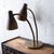 Compact twin-light desk lamp with patinated brass base and two independently adjustable gooseneck arms terminating in...