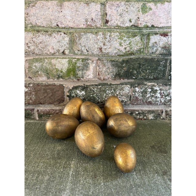 Wood Set of Seven Rustic Vintage Gold Painted Eggs For Sale - Image 7 of 10