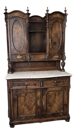 Late 19th Century French Burl Walnut Buffet Hutch With Original Carrara Marble Top