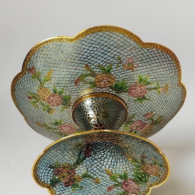 Mid 20th Century Vintage Cloisonné Enamel Pierced Fruit Stand / Compote – Eggshell Technique, Gilded Floral Motif For Sale - Image 5 of 9
