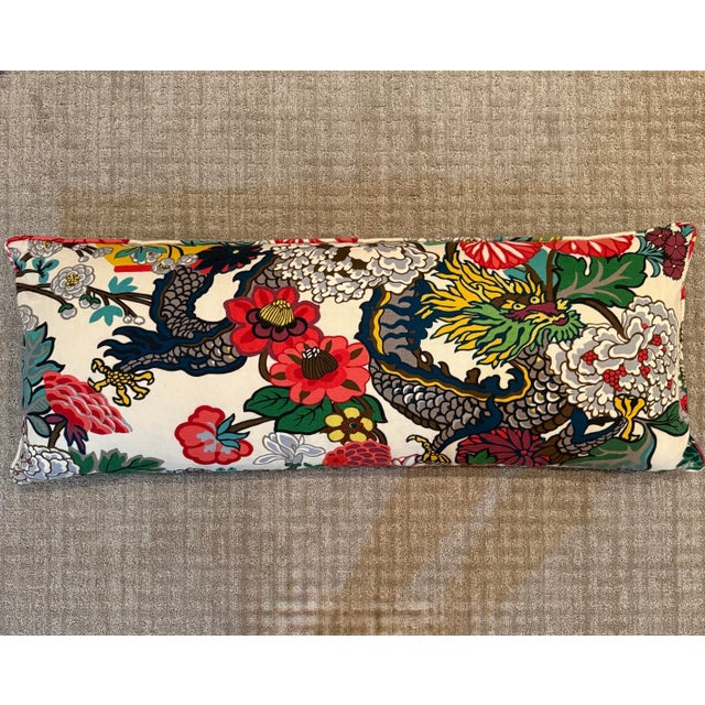 Schumacher Chiang Mai Dragon fabric in alabaster. Oversized lumbar plow with velvet green back. Approximately 45 inches wide.