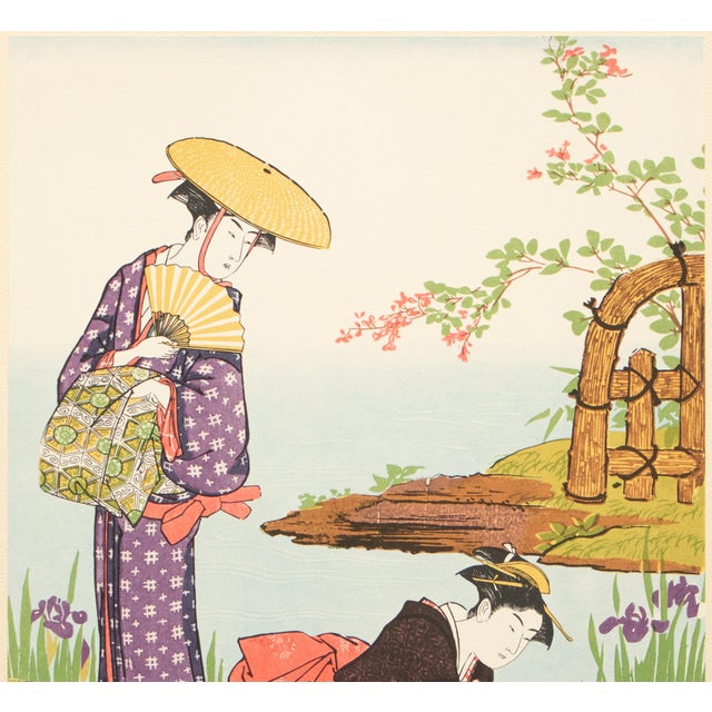 Japanese 1964 After Kiyonaga "By the Side of a Pond Where Iris Flowers Bloom", Full-Color Print From Japan For Sale - Image 3 of 12