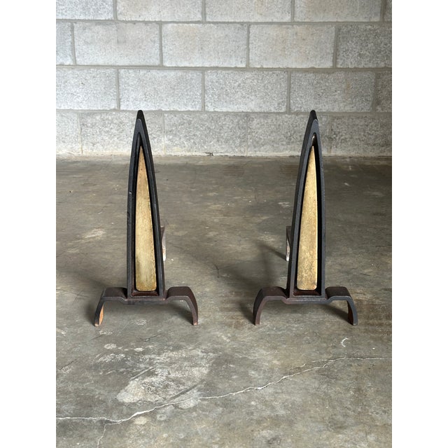 1950s 1950s Iron and Brass Andirons Attributed to Donald Deskey- A Pair For Sale - Image 5 of 12