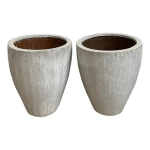 Late 20th Century Incised Pattern Large Pottery Planters With Drippy White Glaze - Set of 2