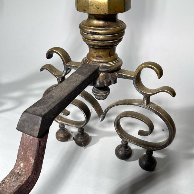 Metal Antique Federal Style Brass and Iron Fireplace Set—Five Pieces For Sale - Image 7 of 14
