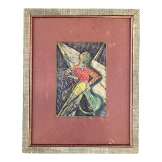 Vintage Wood Framed Pastel Print by Artist Bala For Sale