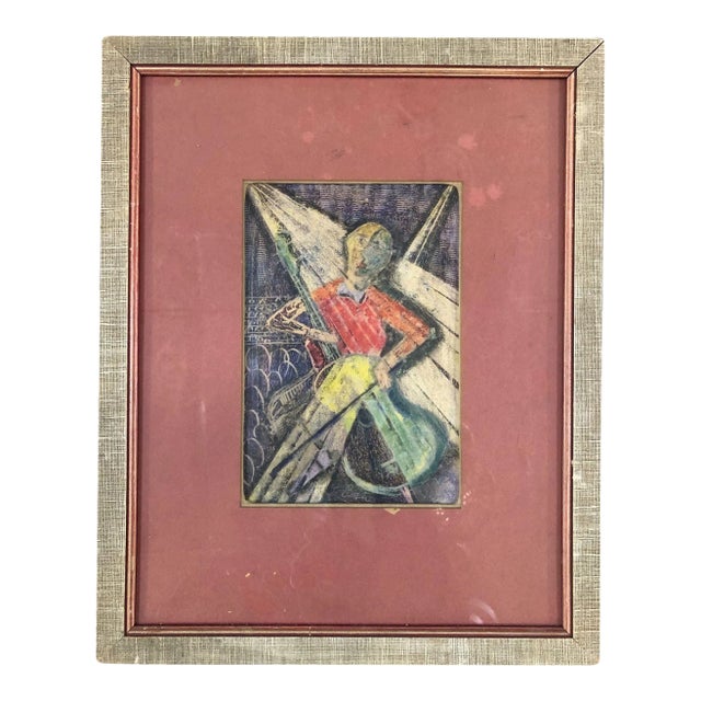 Vintage Wood Framed Pastel Print by Artist Bala For Sale