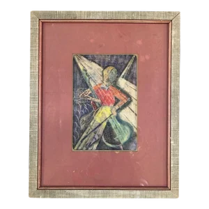 Vintage Wood Framed Pastel Print by Artist Bala