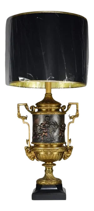 19th Century Brass Neoclassical Rams Head Cherubs Figural Urn Lamp & Shade