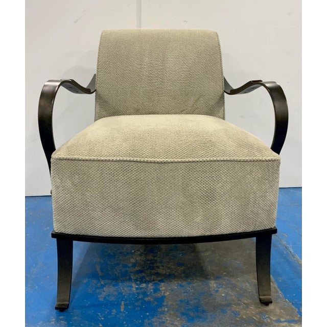 Original Retail $1960, stylish Caracole Modern Beige Velvet Mixed Message Lounge Chair, black metal frame, showroom floor...