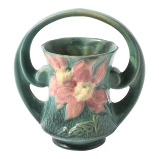 Art Deco Roseville Clematis Green Vintage Art Pottery Ceramic Vase Basket 387-7 For Sale