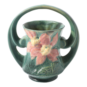 Art Deco Roseville Clematis Green Vintage Art Pottery Ceramic Vase Basket 387-7