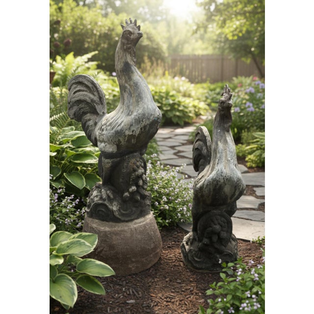 Metal Vintage Cast Lead Rooster Garden Statues - A Pair For Sale - Image 7 of 7