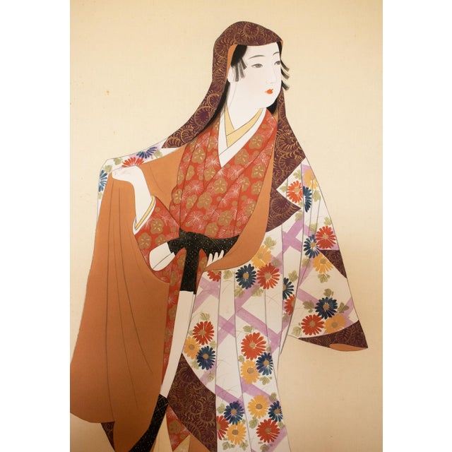 "Kimono Beauty" by Biho, C. 1950s Showa Era Japanese Silk Scroll Painting For Sale - Image 12 of 18