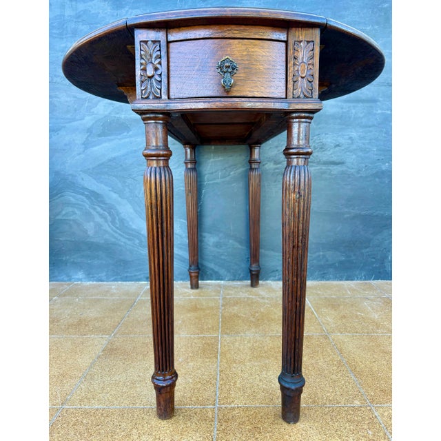 Spanish Neoclassical Oak Drop-Leaf Table with Drawer, 1940s For Sale - Image 11 of 13