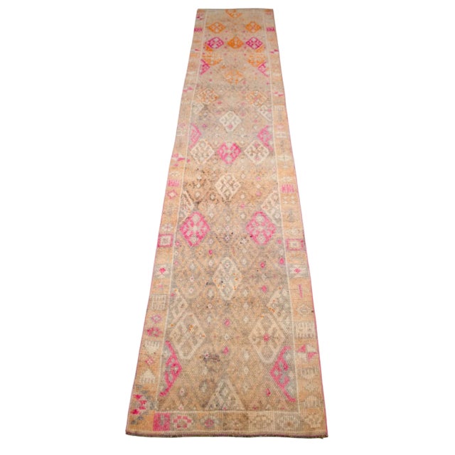 Hand-Knotted Turkish Kurdish Runner Rug . Tribal Low Pile Faded Runner Rug 2′9″ × 13′11″ For Sale - Image 6 of 11