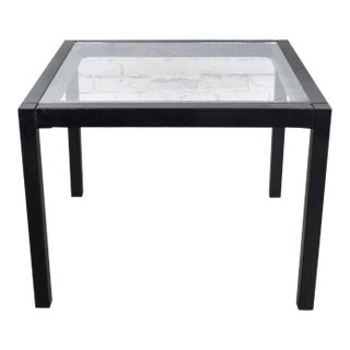 Vintage Modern Blackened Oak Square Parsons Style Side Table With Glass Top For Sale