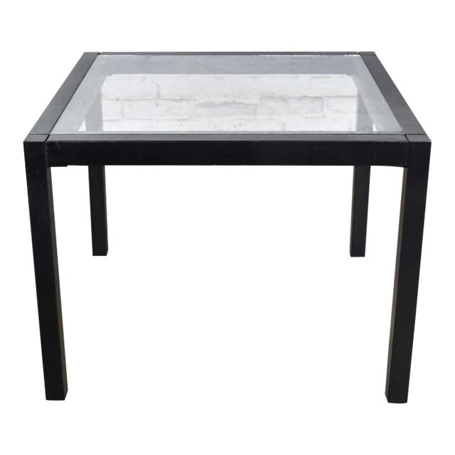 Vintage Modern Blackened Oak Square Parsons Style Side Table With Glass Top For Sale