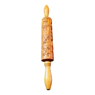 Vintage Hand-Carved Wooden Springerle Rolling Pin For Sale