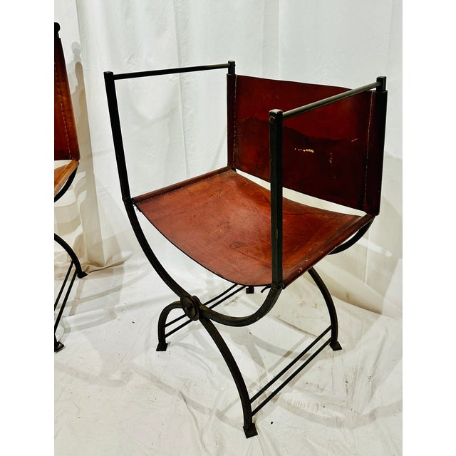 Rustic European Mid 20th Century Pair of Savonarola-Style Leather & Forged Iron Armchairs For Sale - Image 3 of 6