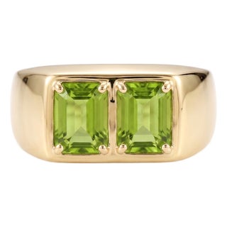 Emerald Cut Peridot Two Stone Band Ring | Green Gemstone Signet Ring | August Birthstone Ring Us 7 (All Sizes Available) For Sale