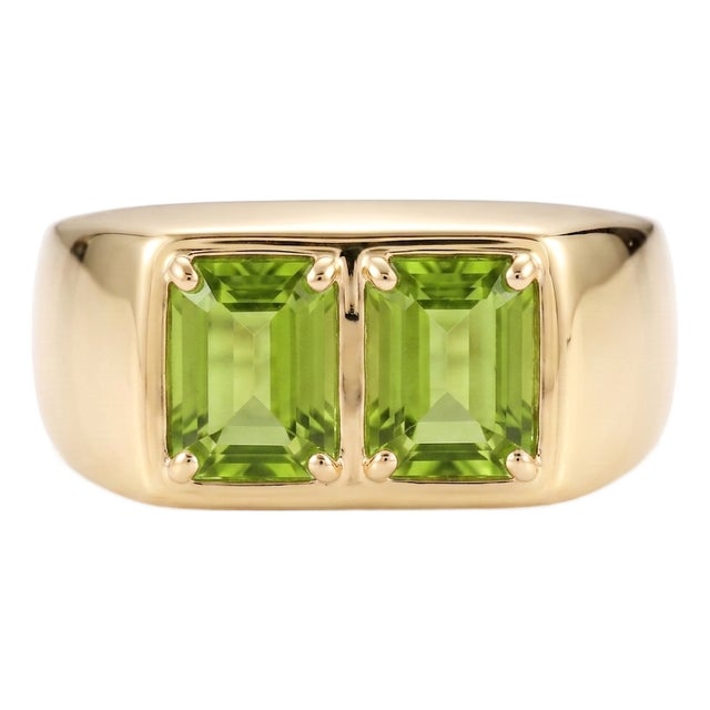 Emerald Cut Peridot Two Stone Band Ring | Green Gemstone Signet Ring | August Birthstone Ring Us 7 (All Sizes Available) For Sale