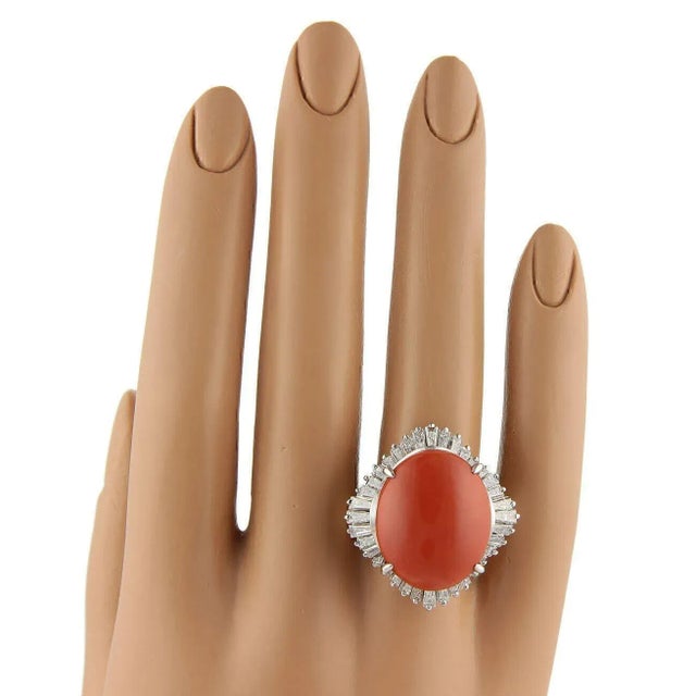 Platinum Baguette Diamonds & Coral Cocktail Ring - Size 7.75 For Sale - Image 4 of 7