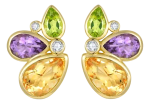 Kai Tropical Butterfly 2.76ctw Multi Gemstone Diamond Earrings in 14k Yellow Gold, A Pair