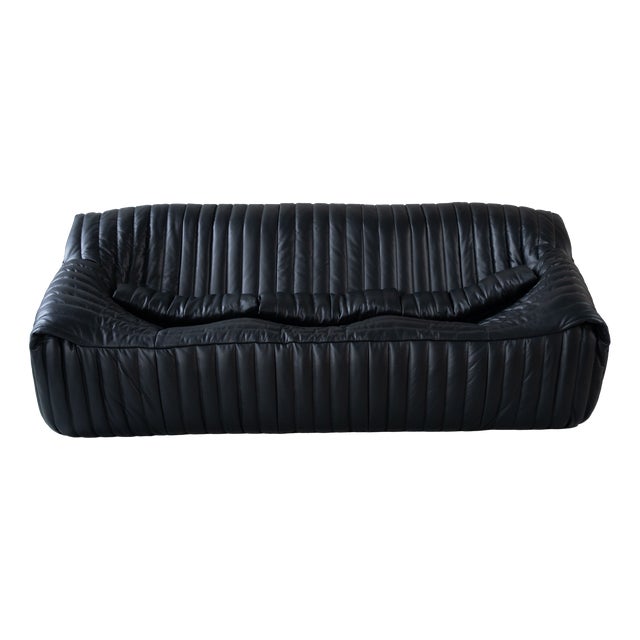 Cinna Three-Seater Sofa in Black Leather by Annie Hieronimus for Rose Line, 1973 For Sale