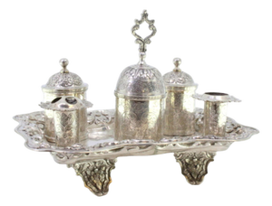 Inkwell in Chiseled Silver with Pen Holders, Tanks, Bell and Feet with Floral Reliefs