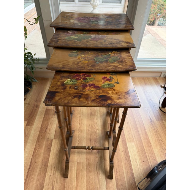 Antique R J Horner & Co. Art Nouveau Faux-Bamboo Floral Nesting Tables - Set of 4 For Sale - Image 10 of 11