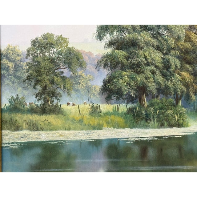 Late 20th Century Peaceful Misty Riverside in the English Countryside with Cows & Tree Reflections Circa 1990 For Sale - Image 5 of 17