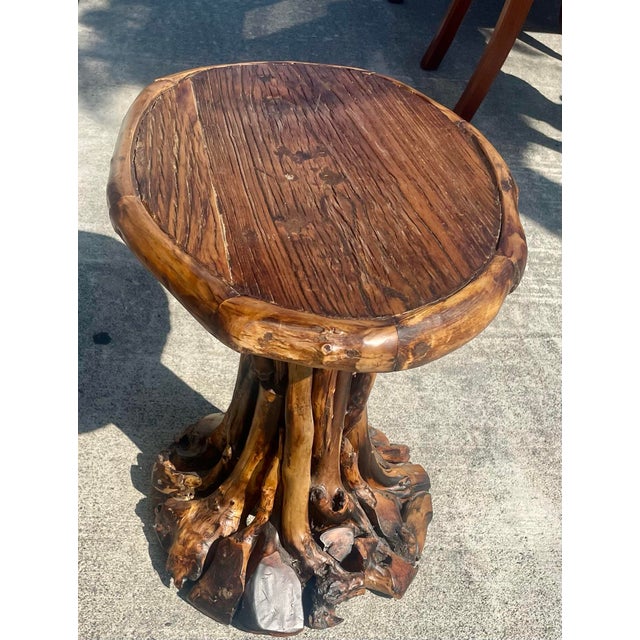 Late 20th Century Late 20th Century Small Rustic Root Base Oval Side Table Cabin Cottage For Sale - Image 5 of 12