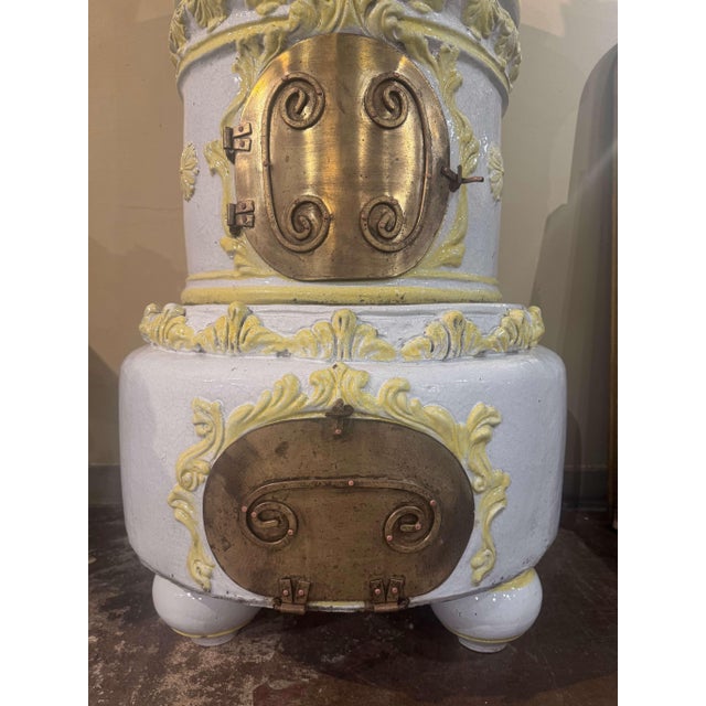 19th Century French White and Yellow Terracotta and Brass Wood Burning Stove For Sale - Image 9 of 12