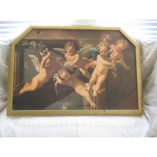 This is a Gorgeous! Vintage French Baroque Winged Cherubs With Flowers Picture that is a Textured Replica on Canvas Board...