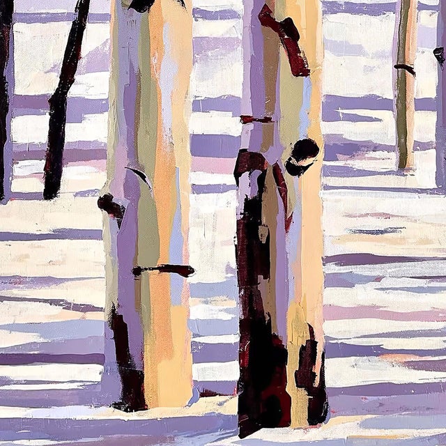 The artwork features a serene winter landscape, with tall birch trees standing gracefully against a soft, pastel...