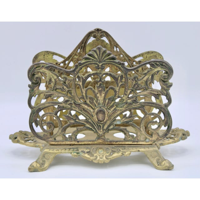 Metal Antique Art Nouveau French Brass Letter Rack / Stationary Holder For Sale - Image 7 of 13