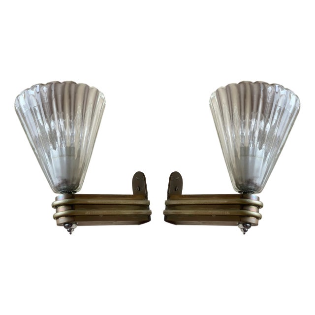 Art Deco Torpedo Wall Lamps in Glass and Brass, Italy, 1930s, set of 2 For Sale