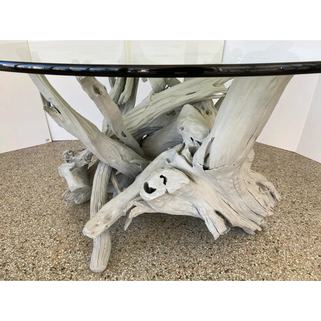 Gray Mid-Century Modern Driftwood Center Table Round Glass Top For Sale - Image 8 of 13
