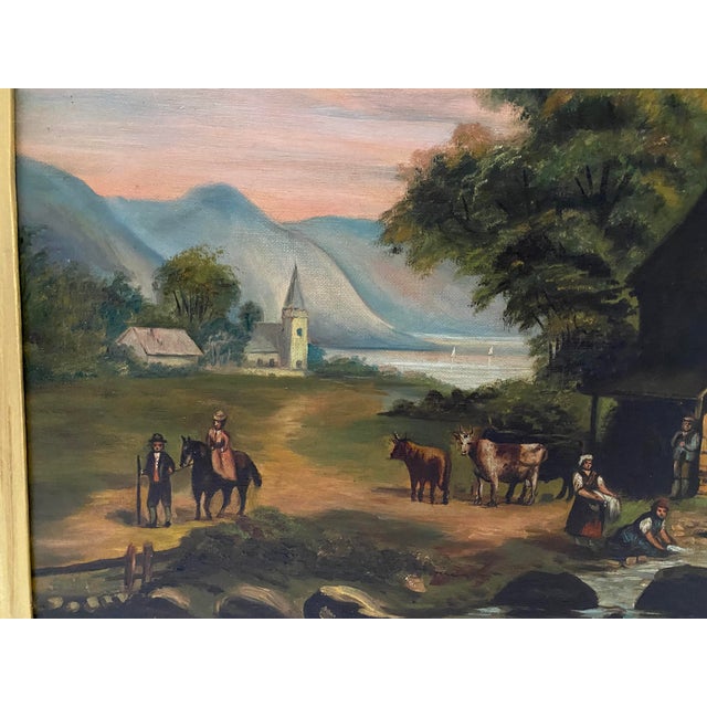 Antique German Oil Landscape Painting of Village Scene | Chairish