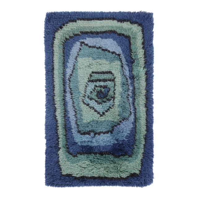 Vintage Swedish Rya Rug With Blue-Teal Concentric Geometric Pattern - Rug & Kilim For Sale