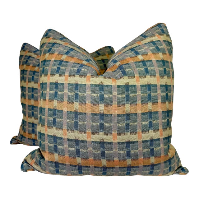 Holland & Sherry "Flamestitch Plaid" in Teal 22" Pillows-a Pair For Sale