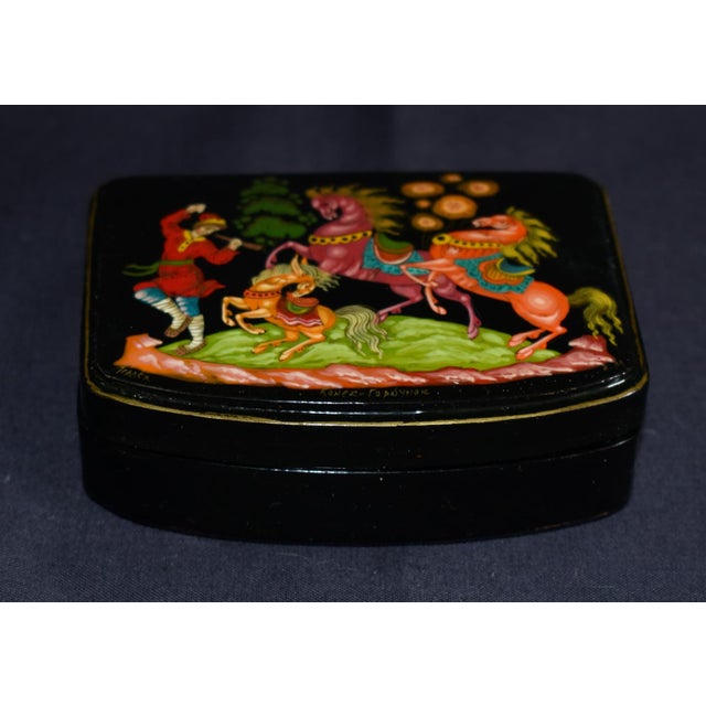 Vintage Russian Palekh Lacquer Box Humpbacked Horse Signed Hand Painted Art For Sale - Image 9 of 16