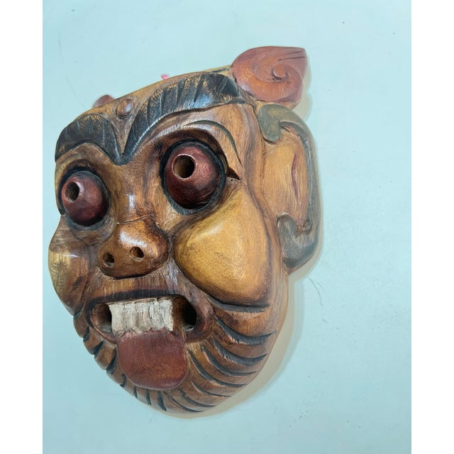 Mid 20th Century Thai Hand-Carved Wood Stylized Boar Folk Art Wall Mask For Sale - Image 4 of 12