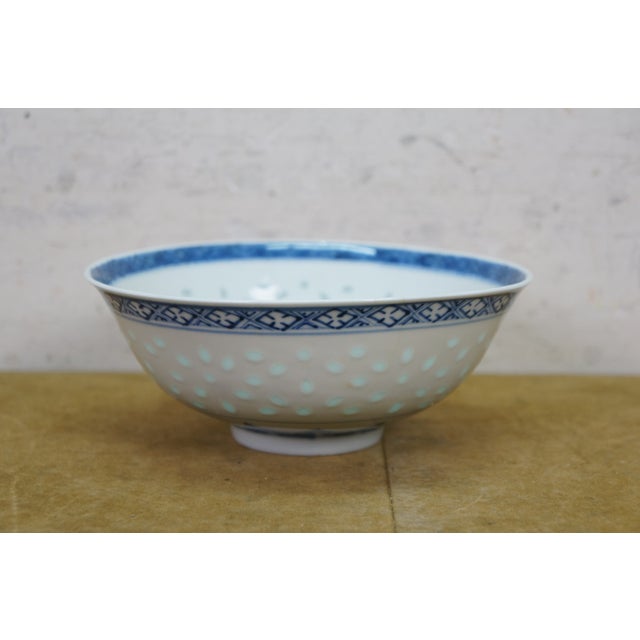 Vintage Chinese Rice Eye Grain Translucent Blue Porcelain Dinnerware - 10 Pc For Sale - Image 4 of 11