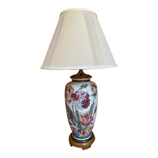1990s Modern Flowered Porcelain Table Lamp With Wood Base For Sale