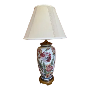 1990s Modern Flowered Porcelain Table Lamp With Wood Base